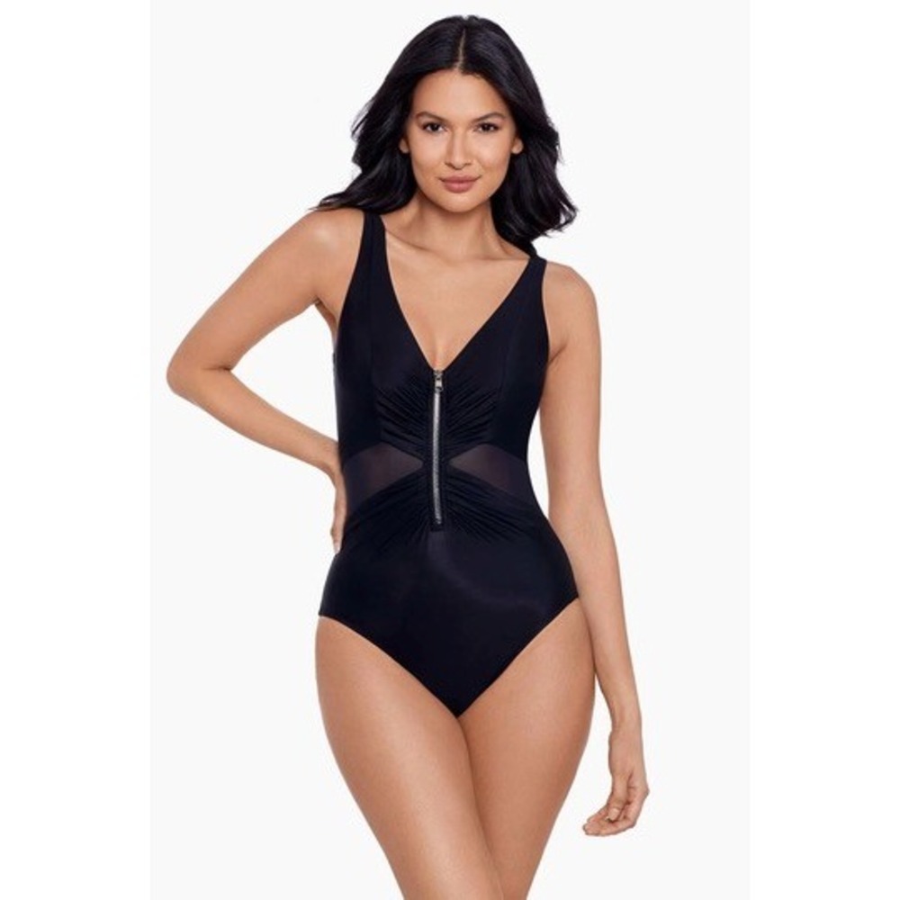 Miraclesuit VIVE One Piece Swimsuit Women 8 NWT Ruched Front Zip Mesh $182